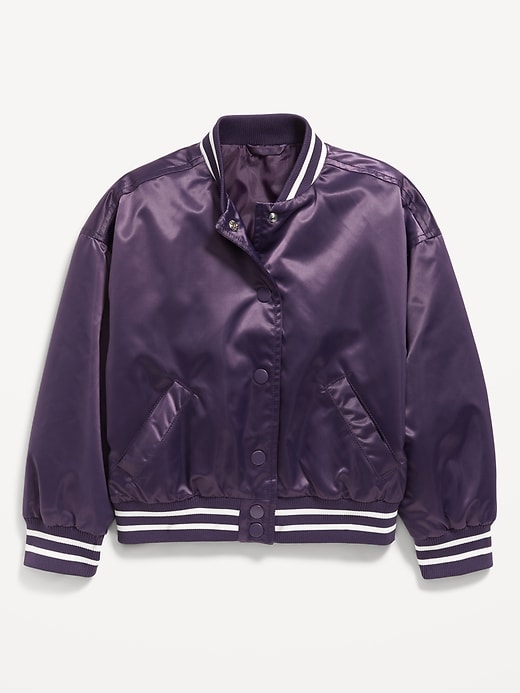 Image number 2 showing, Loose Button-Front Satin Bomber Jacket for Girls