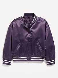 Image number 2 showing, Loose Button-Front Satin Bomber Jacket for Girls