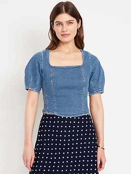 Square-Neck Denim Cropped Top - image 3