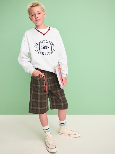 Below Knee Baggy Canvas Shorts for Boys - Brown Plaid