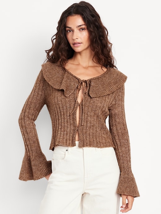 Image number 1 showing, Wool-Blend Ruffle Tie-Front Cropped Cardigan