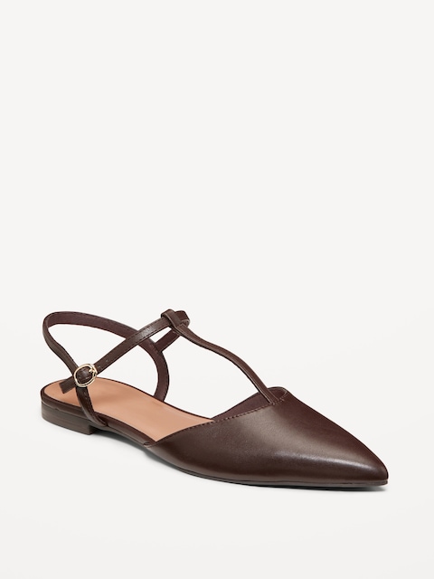 Faux-Leather Mary Jane T-Strap Flats for Women - Dark Brown