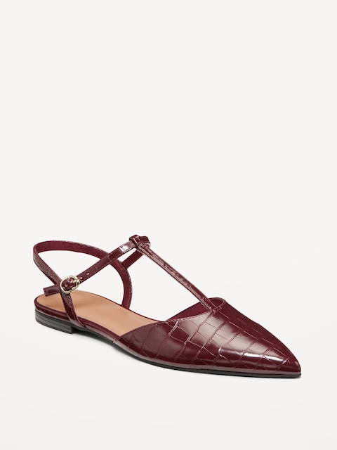 Faux-Leather Mary Jane T-Strap Flats for Women - Maroon Red