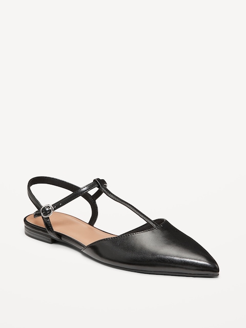Faux-Leather Mary Jane T-Strap Flats for Women - Black