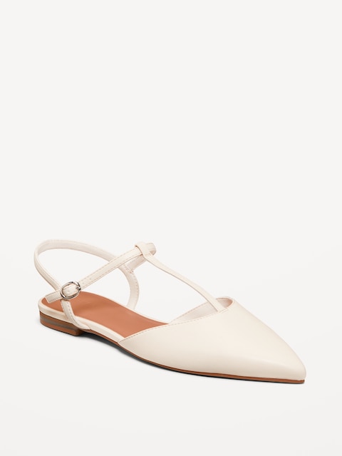 Faux-Leather Mary Jane T-Strap Flats for Women - Bone