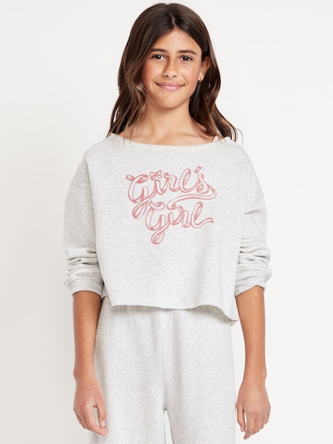 Boat-Neck Graphic Sweatshirt for Girls - Light Heather Gray