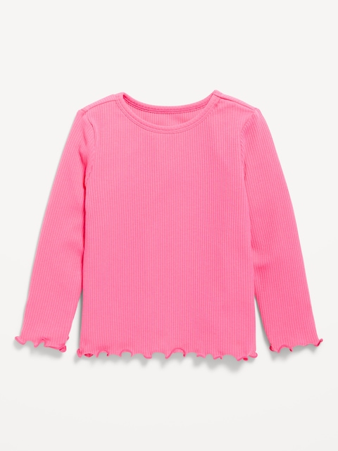 Long-Sleeve Lettuce-Edge Ribbed T-Shirt for Toddler Girls - Pink Premier