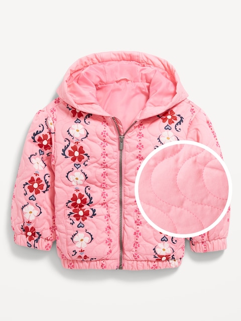Printed Quilted Pocket Twill Jacket for Toddler Girls - Pink Floral