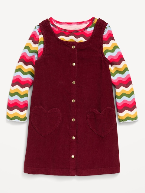 Long-Sleeve T-Shirt and Corduroy Dress Set for Toddler Girls - Cherry Red/Wavy Stripes