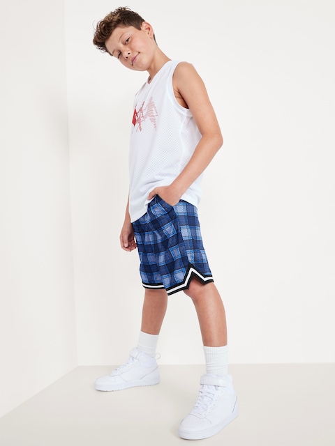 Knee Length Mesh Basketball Shorts for Boys - Navy Blue Check