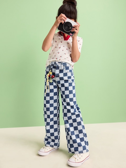 Printed Baggy Wide-Leg Jeans for Girls - Checks