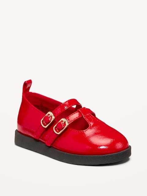 Shiny Faux-Leather Double-Buckle Mary Jane Shoes for Toddler Girls - Red Apple
