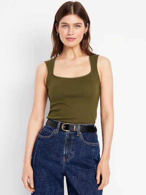 Trapeze-Neck Pointelle Top - Avocado Oil