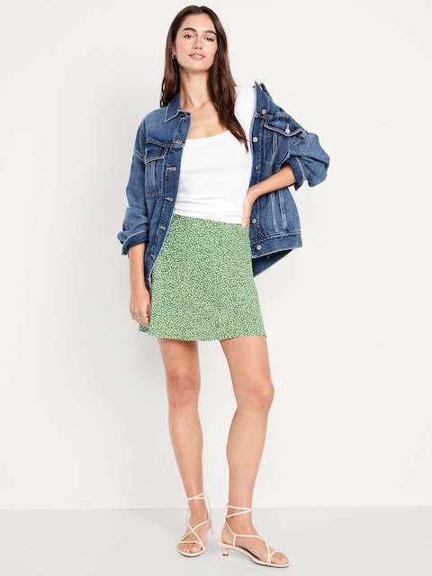 High-Waisted Crepe Mini Skirt - Green Floral
