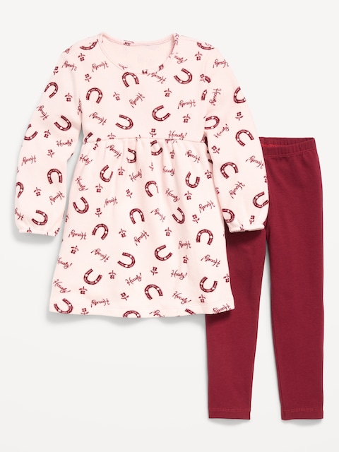 Long-Sleeve Waffle-Knit Dress and Leggings Set for Toddler Girls - Horseshoe