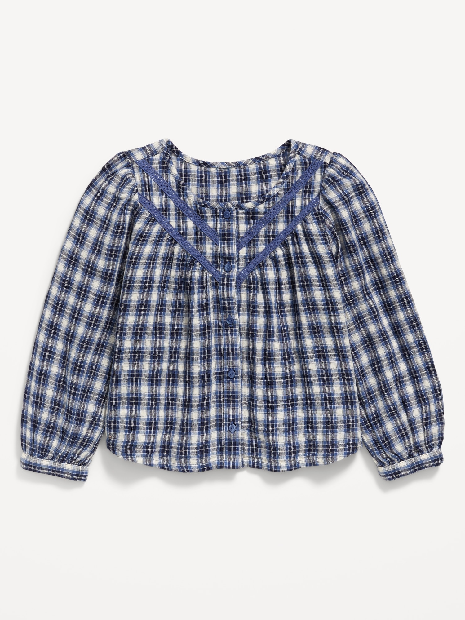 Long-Sleeve Plaid Lace Trim Button-Front Top for Girls