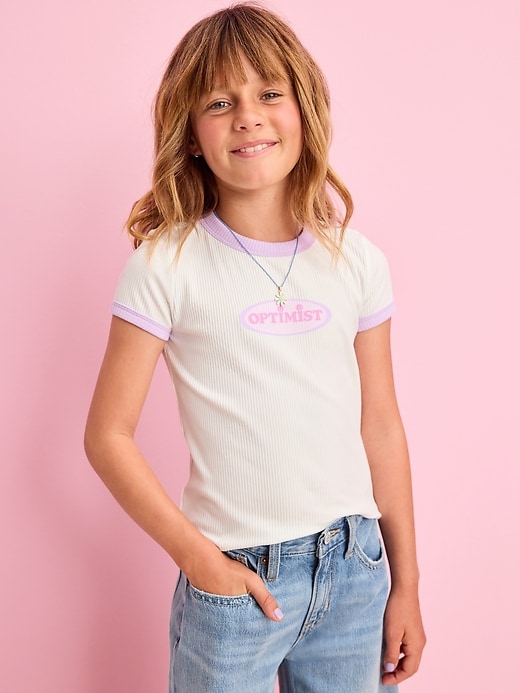 Image number 1 showing, Fitted Short-Sleeve Ribbed Graphic Ringer T-Shirt for Girls