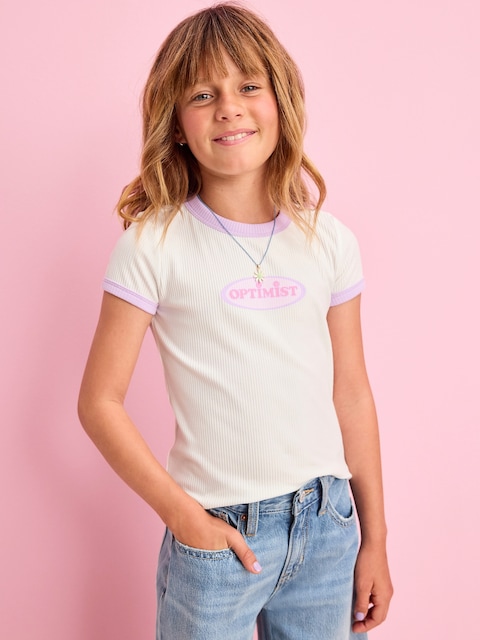 Fitted Short-Sleeve Ribbed Graphic Ringer T-Shirt for Girls - White Lilies