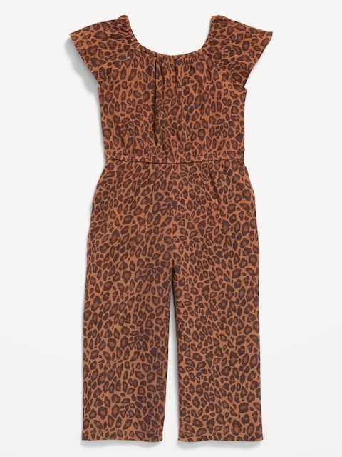Flutter-Sleeve Ribbed Jumpsuit for Toddler Girls - Brown Leopard
