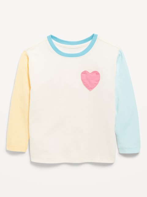 Long-Sleeve Heart Pocket T-Shirt for Toddler Girls - Blue Colorblock