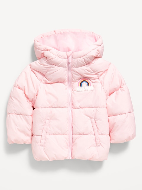 Water-Resistant Embroidered Puffer Jacket for Toddler Girls - Blush On You