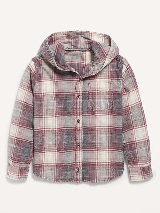 Image number 2 showing, Long-Sleeve Plaid Washed Flannel Hooded Shirt for Boys
