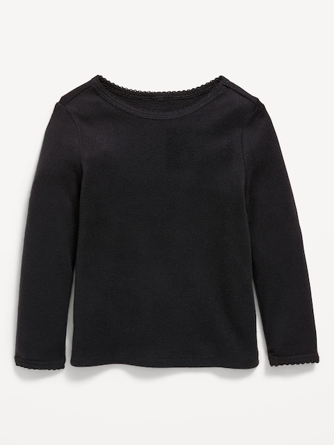 Cozy Long-Sleeve Waffle-Knit T-Shirt for Toddler Girls - Black Jack