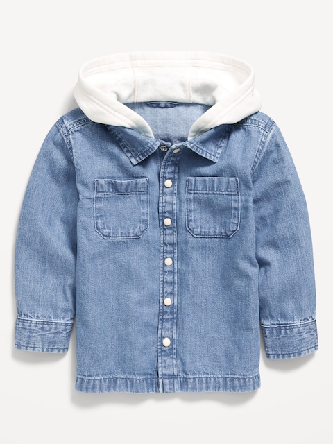Button-Front Hooded Shirt for Toddler Boys - Mid Tone Chambray
