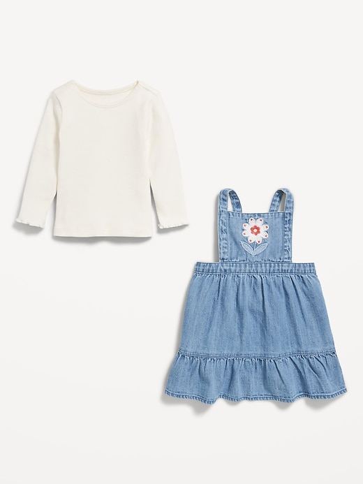 Image number 3 showing, Long-Sleeve Ribbed T-Shirt and Chambray Dress Set for Baby