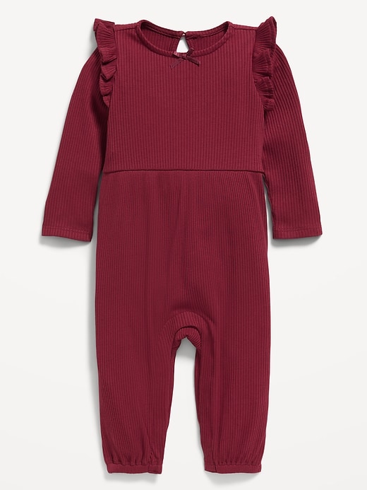 Image number 1 showing, Long-Sleeve Ruffle-Trim Ribbed Jumpsuit for Baby
