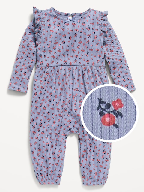 Long-Sleeve Ruffle-Trim Ribbed Jumpsuit for Baby - Blue Ditsy Floral