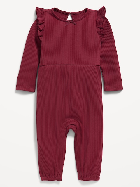Long-Sleeve Ruffle-Trim Ribbed Jumpsuit for Baby - Cherry Red