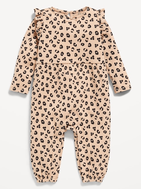 Long-Sleeve Ruffle-Trim Ribbed Jumpsuit for Baby - Leopard