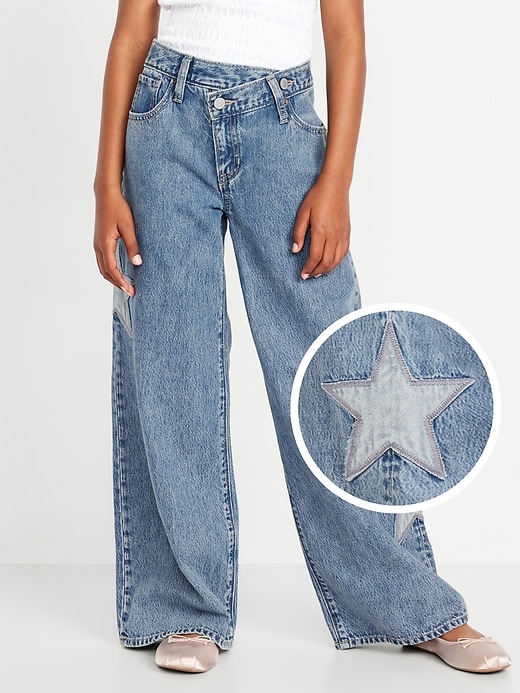 Image number 1 showing, Super Baggy Embroidered Crossover Wide-Leg Jeans for Girls