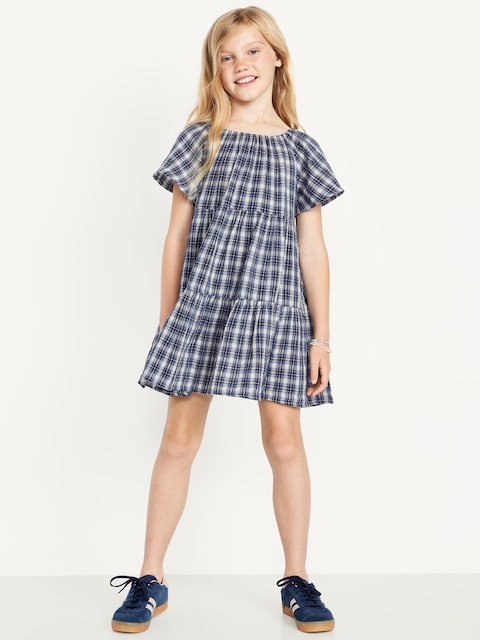 Printed Flutter-Sleeve Double-Weave Tiered Swing Dress for Girls - White & Blue Plaid