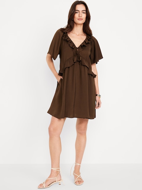 Satin Ruffle Mini Dress - Earthen