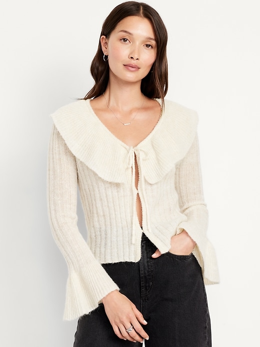 Image number 1 showing, Wool-Blend Ruffle Tie-Front Cropped Cardigan