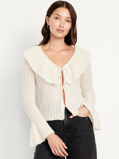 Wool-Blend Ruffle Tie-Front Cropped Cardigan - Oatmeal Heather