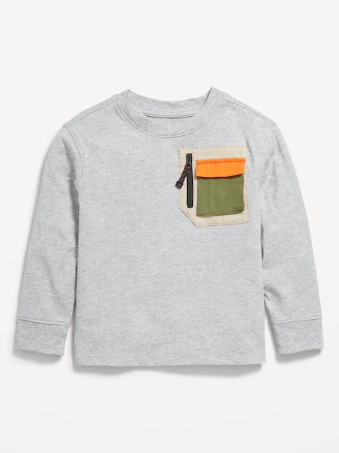 Oversized Long-Sleeve Utility Pocket T-Shirt for Toddler Boys - Medium Heather Gray