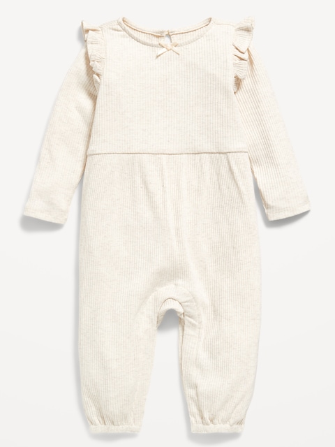 Long-Sleeve Ruffle-Trim Ribbed Jumpsuit for Baby - Oatmeal Heather