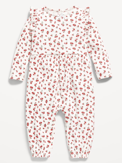 Long-Sleeve Ruffle-Trim Ribbed Jumpsuit for Baby - White Ditsy Floral