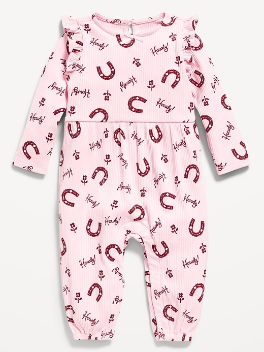 Image number 1 showing, Long-Sleeve Ruffle-Trim Ribbed Jumpsuit for Baby