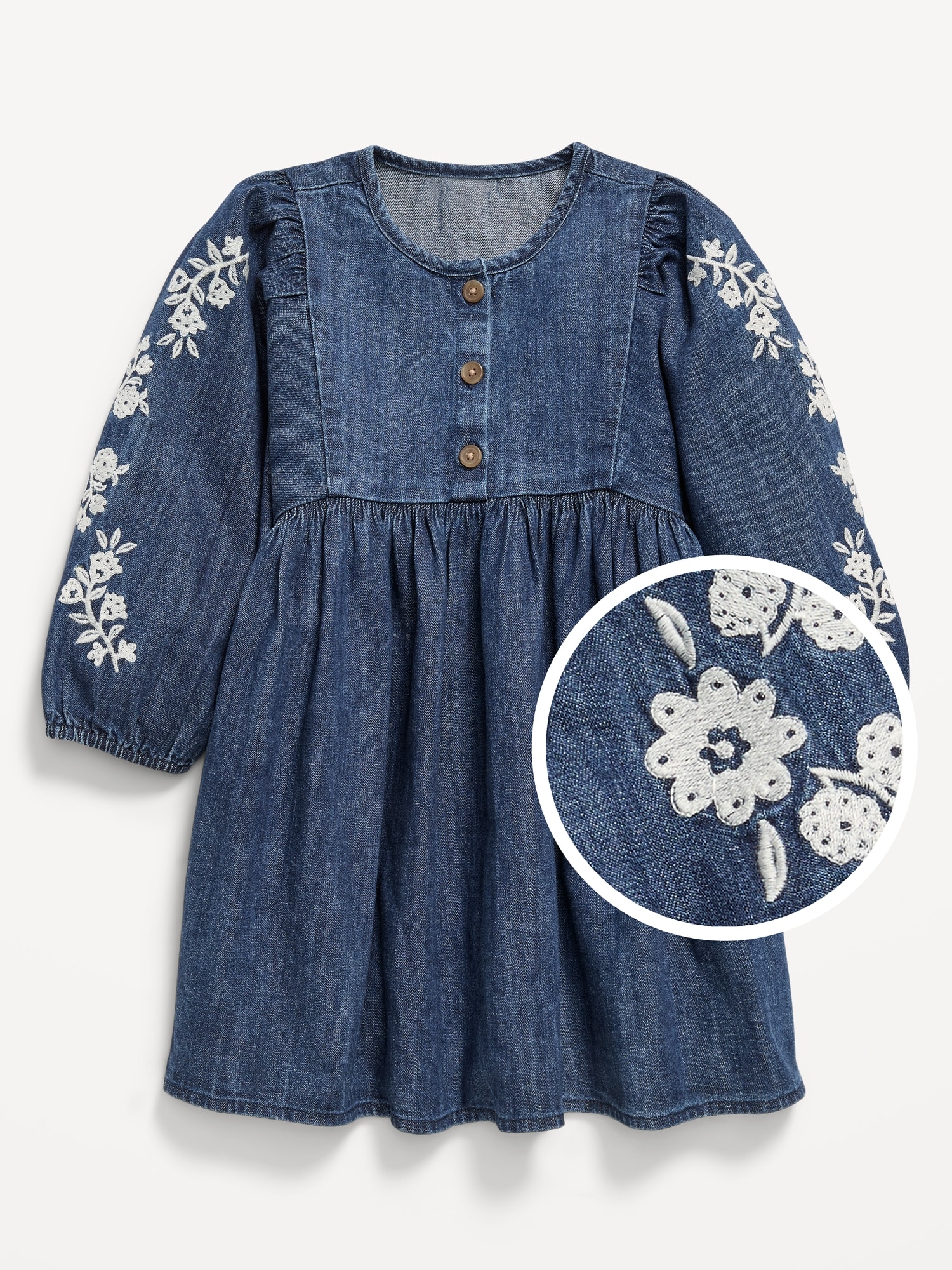Long-Sleeve Embroidered Jean Dress for Toddler Girls