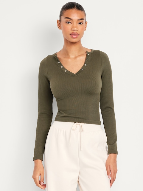 Exhale Seamless Cropped Henley Top - Ancient Forest