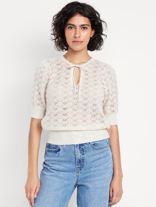 Image number 1 showing, Wool-Blend Puff-Sleeve Tie-Neck Sweater