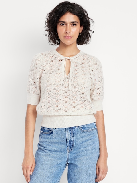 Wool-Blend Puff-Sleeve Tie-Neck Sweater