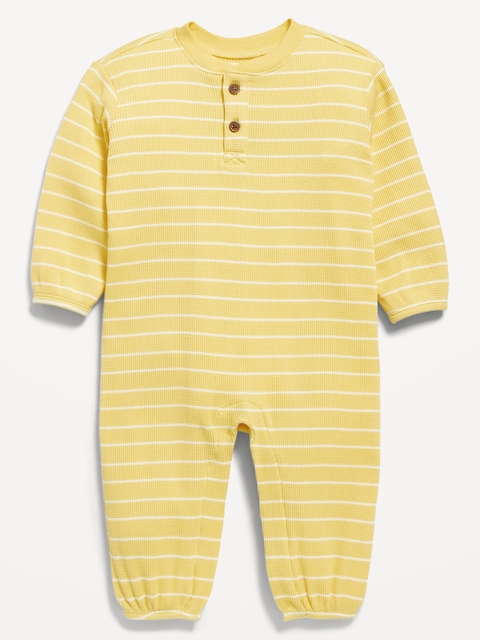 Printed Waffle-Knit Henley One-Piece for Baby - Yellow Stripe