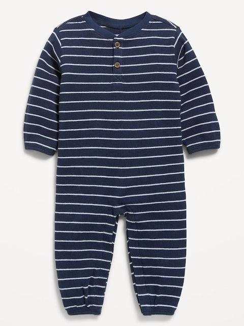 Printed Waffle-Knit Henley One-Piece for Baby - Navy Stripe