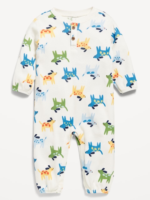 Printed Waffle-Knit Henley One-Piece for Baby - Blue Dog