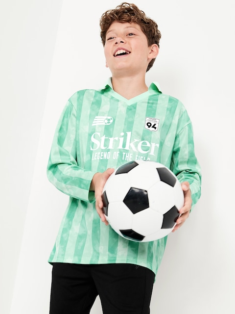 Oversized Long-Sleeve Collared Soccer Top for Boys - Teal Stripe